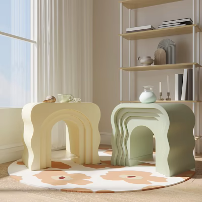 Pastel Colored Curved Side Tables In Bright Living Room With Decorative Items 3d model