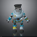 Blue Robot Police Officer 3D Model With Checkered Hat Badge Belt And Yellow Accents