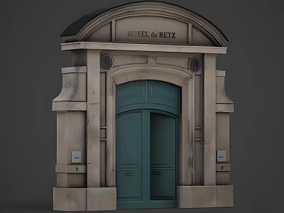 Elegant Hotel Entrance Door with Green Double Doors Arched Top Stone Structure Inscription Hotel Rez 3d model