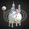 Cartoon Castle Scene Featuring Colorful Towers Hot Air Balloon Circular Track Small Pumpkin And Flowers