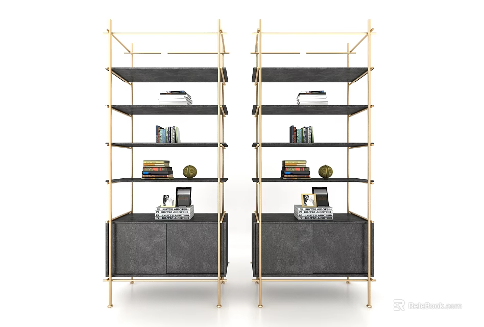 Elegant Modern Bookshelf With Gold Metal Frame Multi Layer Shelves And Bottom Cabinets 3d model 