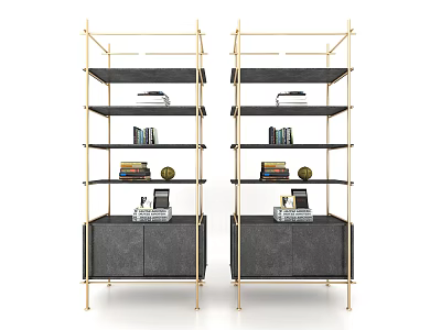 Elegant Modern Bookshelf With Gold Metal Frame Multi Layer Shelves And Bottom Cabinets 3d model