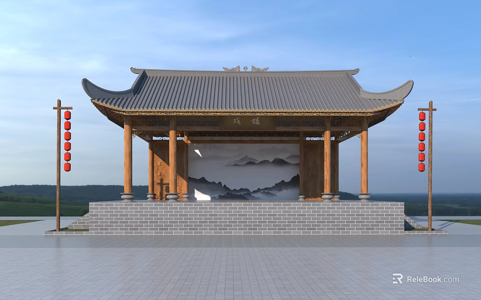 Traditional Chinese Stage With Curved Roof Red Lanterns And Landscape Painting Screen 3d model 