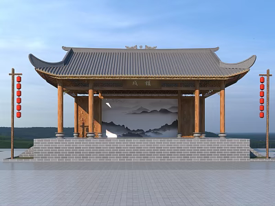 Traditional Chinese Stage With Curved Roof Red Lanterns And Landscape Painting Screen 3d model