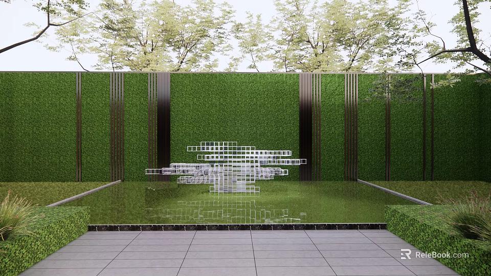 Modern Landscape Sculpture With Geometric Design Green Wall And Water Pool Reflection 3d model 
