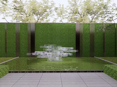 Modern Landscape Sculpture With Geometric Design Green Wall And Water Pool Reflection 3d model