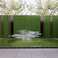 Modern Landscape Sculpture With Geometric Design Green Wall And Water Pool Reflection