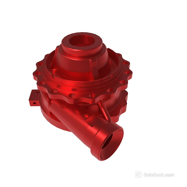 Red Metal Mechanical Part with Circular Top Gear Like Edges and Side Pipe 3d model 