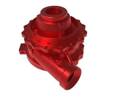 Red Metal Mechanical Part with Circular Top Gear Like Edges and Side Pipe 3d model