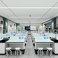 Modern Laboratory Interior Design With Lab Tables Stools Digital Screen And Shelves 3d model