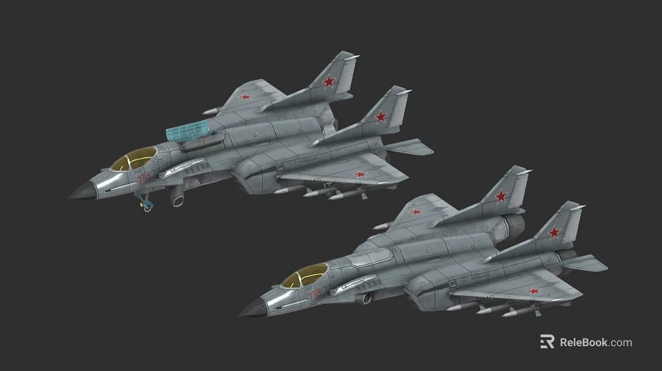 Two Gray Military Fighter Jets With Red Star Markings And Weapon Attachments 3d model