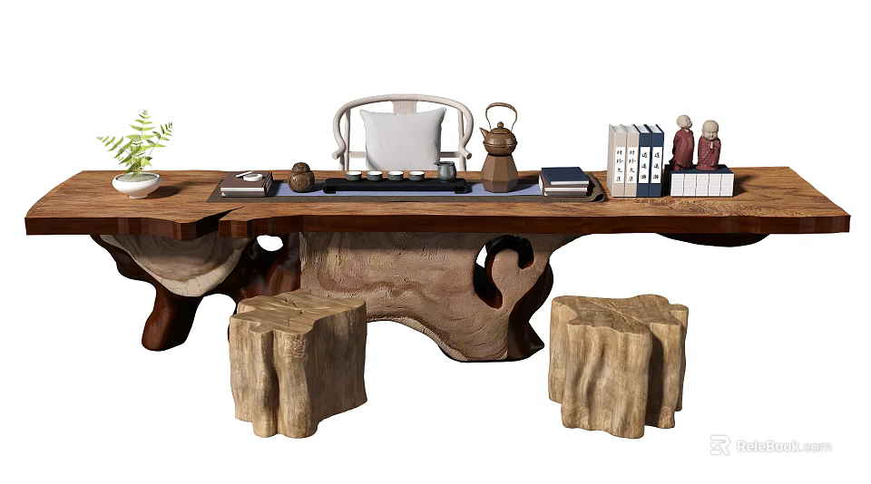 Rustic Wooden Tea Table With Stump Stools And Tea Set Books Decor 3d model