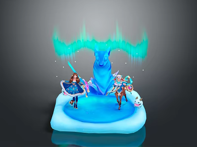 Two Women Standing On Ice Platform With Blue Ice Sculpture Green Glowing Auras 3d model