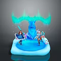 Two Women Standing On Ice Platform With Blue Ice Sculpture Green Glowing Auras