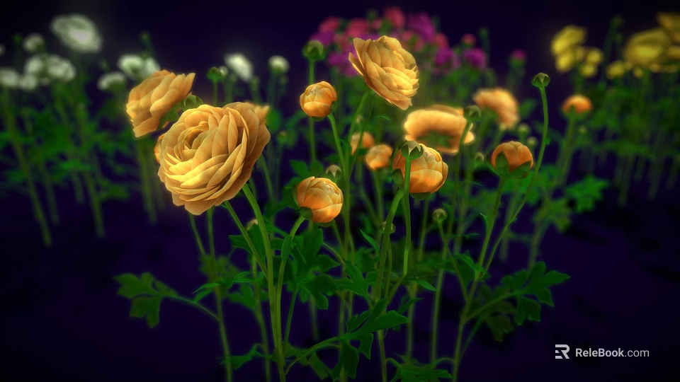 Yellow Flowers With Multiple Blooms Green Stems Leaves On Dark Background And Other Colored Flowers 3d model 