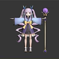 Woman with pink pigtails blue horns in kimono style outfit holding purple staff with orb