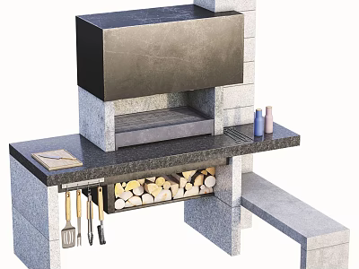 Stone Outdoor Cooking Station With Black Countertop Firewood And Cooking Utensils 3d model