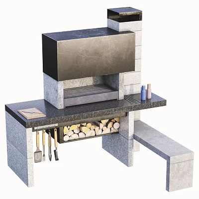 Stone Outdoor Cooking Station With Black Countertop Firewood And Cooking Utensils 3d model