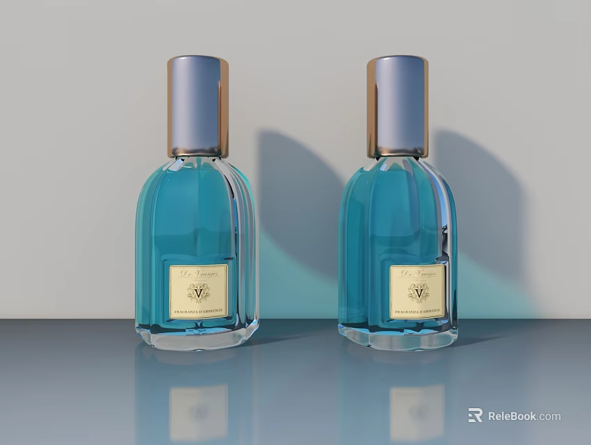 Blue Glass Wine Bottles And Wine Glasses On Gray Table With Gold Caps 3d model 