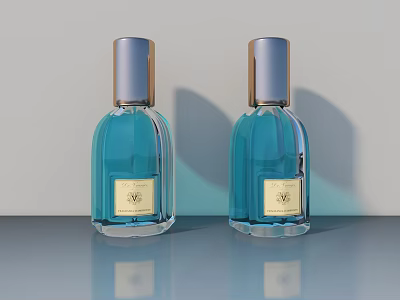 Blue Glass Wine Bottles And Wine Glasses On Gray Table With Gold Caps 3d model