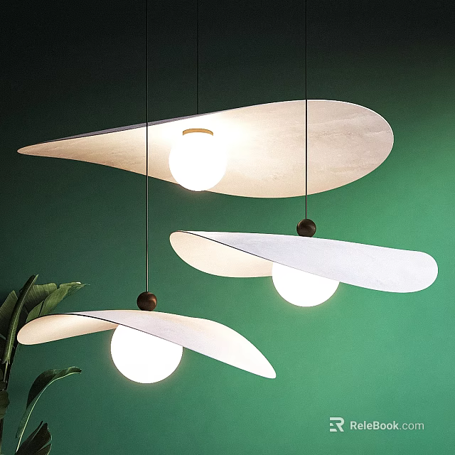 Three Modern Leaf Shaped Pendant Lights With Round Bulbs Against Green Wall 3d model 