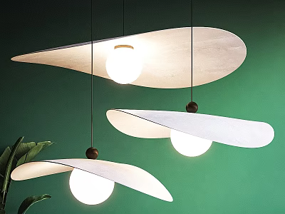 Three Modern Leaf Shaped Pendant Lights With Round Bulbs Against Green Wall 3d model