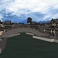Traditional Ancient Architecture Courtyard With Hanging Lanterns Curved Roofs And Wooden Pavilions