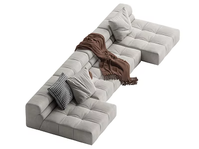 Gray Modular Sectional Sofa With Plaid Cushions And Brown Throw Blanket 3d model