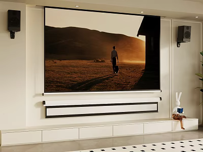 Large Screen TV Showing Person Walking In Sunset Field With Speakers And Living Room Decor 3d model