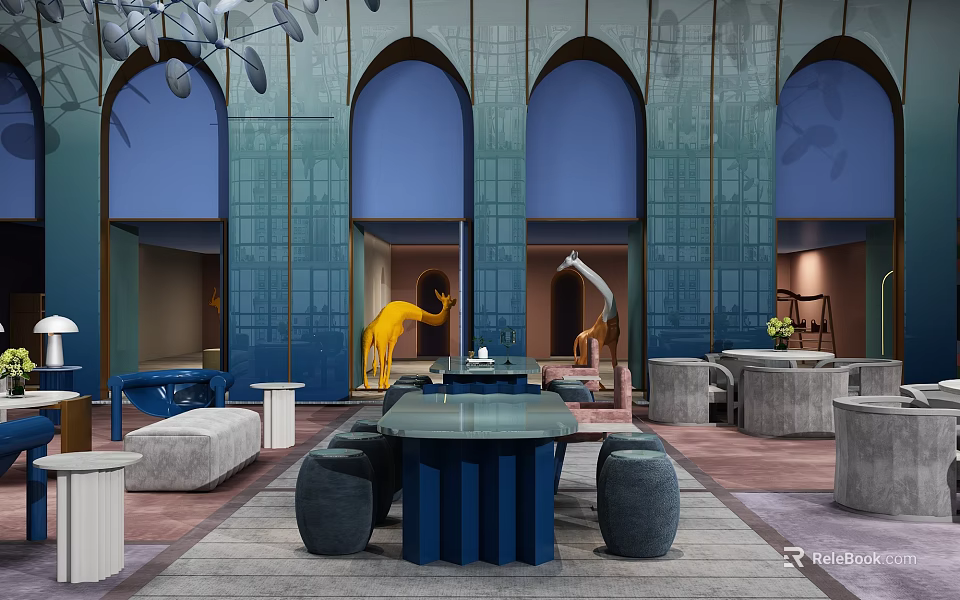 Elegant Modern Front Desk Reception Featuring Blue Wall Arched Windows Yellow Sculpture Sofas Marble Tabletop 3d model