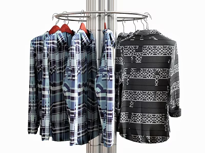 Stylish Plaid And Geometric Pattern Shirts Hanging On Metal Rotating Hanger 3d model