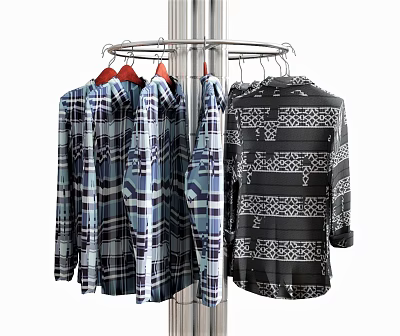 Stylish Plaid And Geometric Pattern Shirts Hanging On Metal Rotating Hanger 3d model