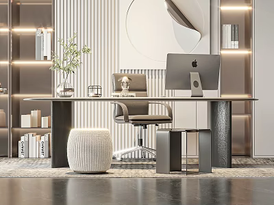 Modern Open Concept Study Room Interior Design With Desk Computer And Bookshelves 3d model