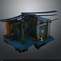 Floating Island Scene With Dilapidated Structure Glowing Blue Door Pipes Small Figure And Green Plants