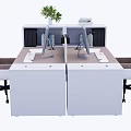 Modern Office Desk With Storage Compartments Computer Monitors Books Keyboard And Green Plant