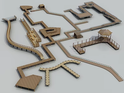Wooden Road Facilities With Integrated Walkways Platforms And Pavilion Structure Layout 3d model