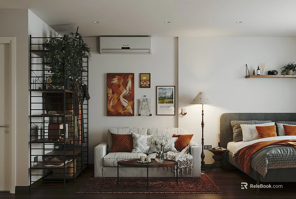 Warm Apartment Interior With Sofa Pillows Coffee Table Green Plant Paintings Floor Lamp And Bookshelf 3d model 