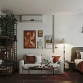 Warm Apartment Interior With Sofa Pillows Coffee Table Green Plant Paintings Floor Lamp And Bookshelf