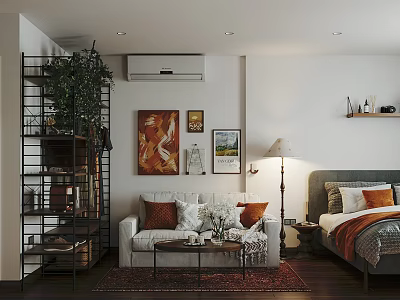 Warm Apartment Interior With Sofa Pillows Coffee Table Green Plant Paintings Floor Lamp And Bookshelf 3d model