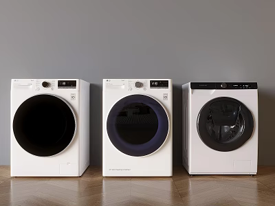 Three White Front Loading Washing Machines Displayed Side by Side in Modern Interior 3d model