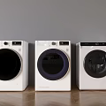 Three White Front Loading Washing Machines Displayed Side by Side in Modern Interior 3d model