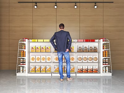 Display Shelves Stocked With Packaged Food Products And Wooden Wall Spotlights 3d model