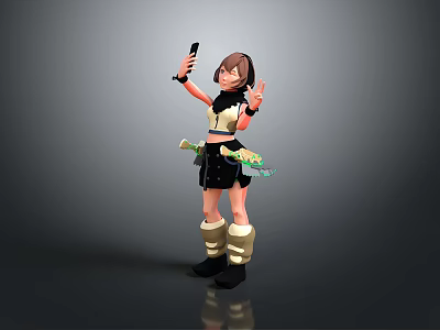 3D Female Character With Green Creature Accessory Holding Device And Making V Sign 3d model