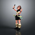 3D Female Character With Green Creature Accessory Holding Device And Making V Sign