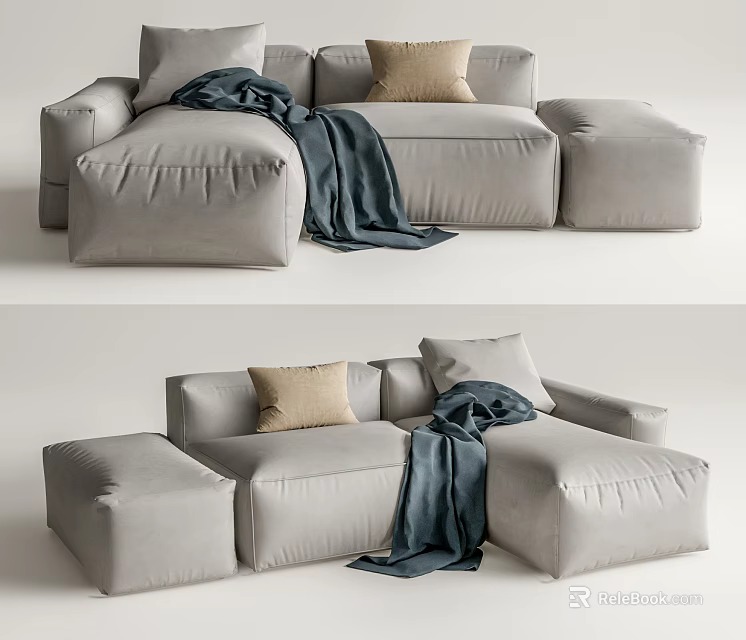 Cozy Light Gray Sectional Sofa With Soft Pillows And Dark Blanket 3d model