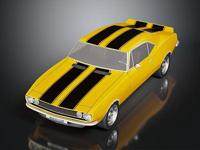 Yellow Classic Two Door Car With Black Stripes And Sporty Exterior Design 3d model