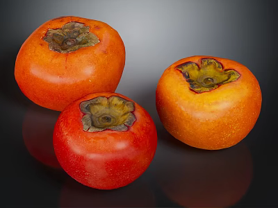 Fresh Ripe Persimmons Three Vibrant Orange Red And Red On Black Background With Glossy Surface 3d model
