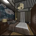 Chinese Style Hotel Guest Room With Peony Painting Wooden Furniture And Ceiling Lamp