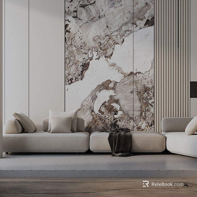 Modern Minimalist Three Seater Sofa With Beige Upholstery Marble Wall Art And Soft Cushions 3d model 