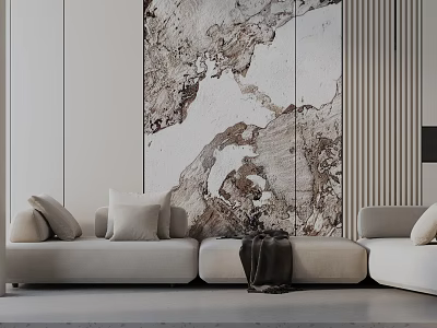 Modern Minimalist Three Seater Sofa With Beige Upholstery Marble Wall Art And Soft Cushions 3d model